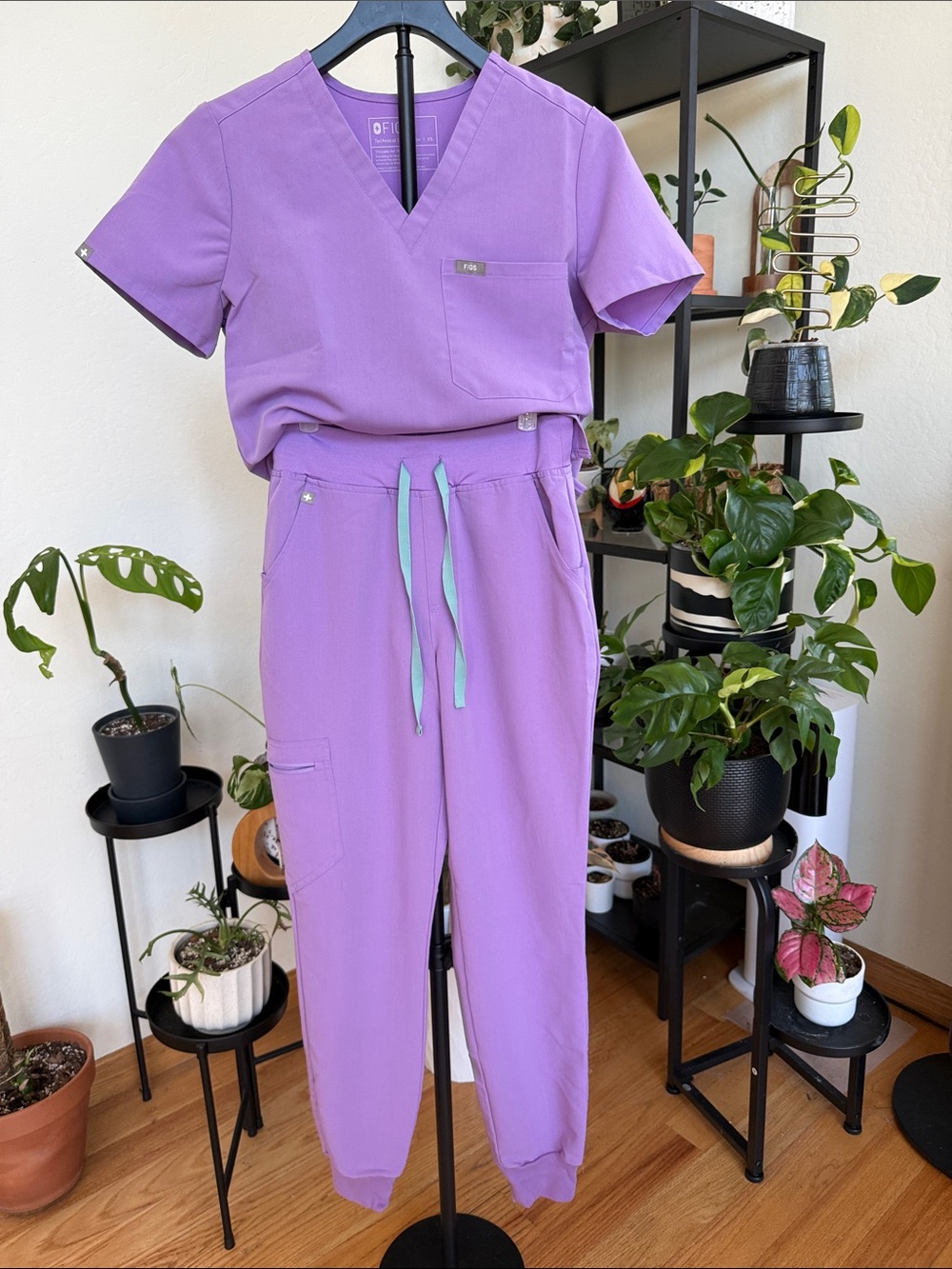 Figs Lavender Scrub Top and Zamora Joggers with Mint Drawstrings
